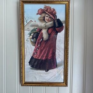 Vintage Winter Girl Art Print with Gold Frame